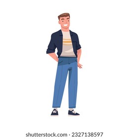 Happy Smiling Young Man Character Standing with Hands in Pocket Vector Illustration