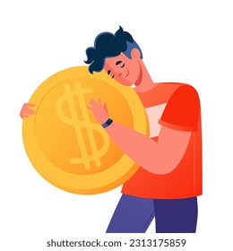 Happy, smiling young man flat cartoon character is hugging gold coin with dollar symbol. Business and finance theme. Concept of career, earning profits, growth, increasing, profitable investment.