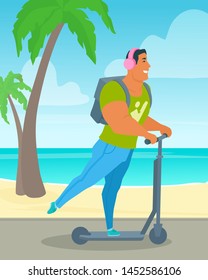A happy smiling young man on a kick scooter. Boy with backpack, headphones. Seaside view on a background. Sunny day. Healthy positive person. Funny colorful vector cartoon flat style illustration.
