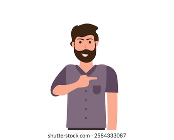 happy smiling young man pointing finger away vector, illustration.