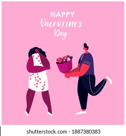 Happy Smiling Young Man Presenting a Bouquet of Flowers for Girlfriend for Valentine Day,Birthday or Wedding Anniversary.Loving Romantic Couple Celebrate Heart Holiday Cartoon Flat Vector Illustration