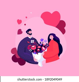 Happy Smiling Young Man Presenting a Bouquet of Flowers for Girlfriend for Valentine Day,Birthday or Wedding Anniversary.Loving Romantic Couple Celebrate Heart Holiday Cartoon Flat Vector Illustration