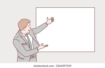 Happy smiling young man presenting and showing your text or product isolated on white background. Hand drawn style vector design illustrations.	