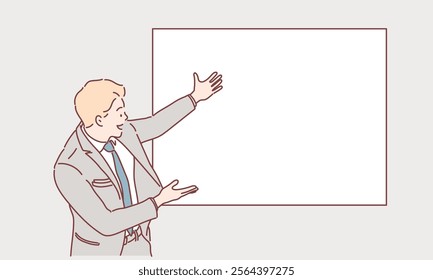 Happy smiling young man presenting and showing your text or product isolated on white background. Hand drawn style vector design illustrations.	