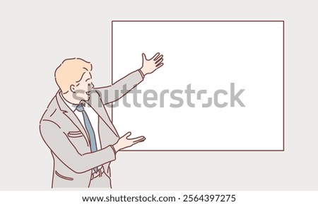 Happy smiling young man presenting and showing your text or product isolated on white background. Hand drawn style vector design illustrations.	