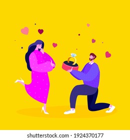 Happy Smiling Young Man Stand on Knee, Jewelry Wedding Ring,Making Offer to Girlfriend for St Valentine's Day, Birthday. Loving Romantic Couple Celebrate Valentine Day Holiday.Flat Vector Illustration