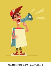 Happy smiling young man teen speaking in loudspeaker. Human billboard. Live advertising. Vector flat cartoon illustration