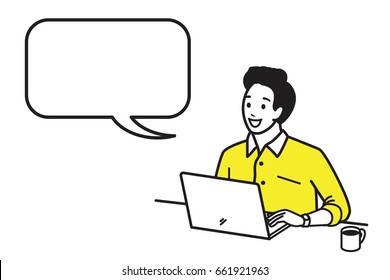 Happy and smiling young man working with laptop with a cup of hot coffee in morning time. Outline style, hand draw, sketching, doodle, cartoon design. Speech bubble, blank space, copy space. 