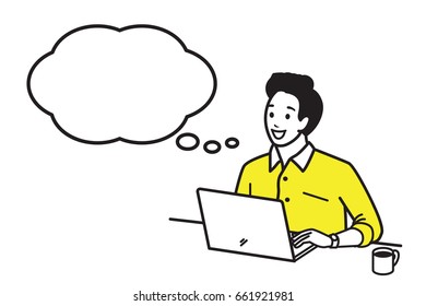 Happy and smiling young man working with laptop with a cup of hot coffee in morning time, getting idea with speech bubble. Outline style, hand draw, sketching, doodle, cartoon design.