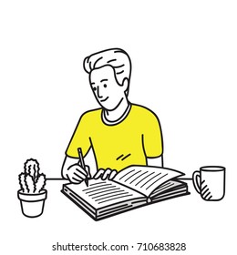 Happy and smiling young man writing diary on his working desk. Vector illustration character, cartoon, outline, thin art line, linear, hand drawn sketch design, simple style.