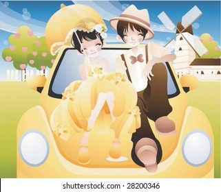 Happy Smiling Young Married Couple - riding on vintage car with lovely female and cute male at honeymoon destination on a background of blue sky, pink heart tree and green grass : vector illustration