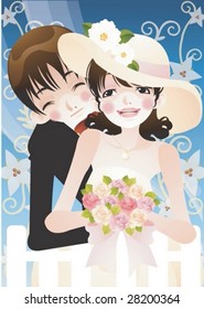 Happy Smiling Young Married Couple with bouquet of pink roses on a background of beautiful blue and white floral pattern