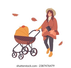 Happy smiling young mother cartoon character strolling newborn baby among autumn street