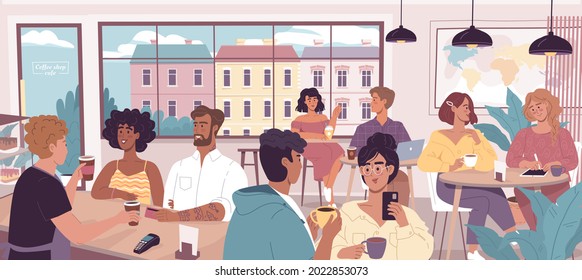 Happy Smiling Young People Resting And Communicating In A Modern Coffee Shop. Colorful Cartoon People Characters Vector Flat Illustration