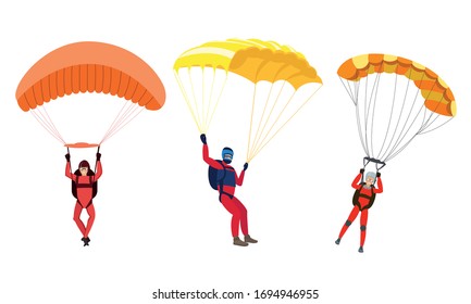 Happy smiling young people skydivers with parachutes enjoying flight vector illustration