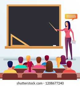 Happy smiling young teacher professor teaching university students and explanation. Education concept. Vector flat cartoon graphic design isolated illustration
