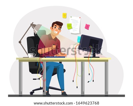 Happy smiling young technician, programmer, system administrator trying to fix broken computer. Man with screwdriver sitting at table in office repairing failed electronic board. Vector illustration