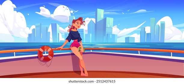 Mujer joven sonriente feliz con el libro en las manos que se coloca en la cubierta de madera del yate o del barco de crucero en el mar o el río con los edificios del rascacielos de la ciudad en el horizonte. Chica de Vector de dibujos animados en viaje de vacaciones de verano.