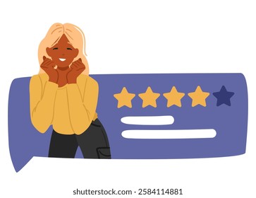 Happy smiling young woman cartoon character and above average review star ranking speech bubble vector illustration. Satisfied customer, quality choice and support opinion comment for service