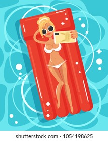 Happy smiling young woman girl character relaxing lying and swimming on inflatable mattress in swimming pool sunbathing and taking photo selfie. Summer time season holiday vacation concept. Vector