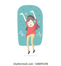 Happy smiling young woman listens to music with headphones and dancing, Vector cartoon illustration.