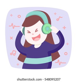 Happy smiling young woman listens to music with headphones and dancing, Vector cartoon illustration.