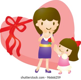 Happy Smiling Young Woman And Lovely Little Girl With Red Carnation Corsage On White Background