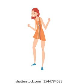 Happy Smiling Young Woman in Short Dress Dancing at Party Vector Illustration