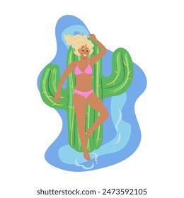 Personaje de dibujos animados turístico de la mujer joven sonriente feliz que broncea la piscina en el colchón de goma