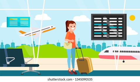 Happy smiling young woman waiting for her flight at the airport. Travel concept. Vector illustration.