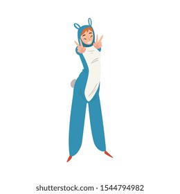 Happy Smiling Young Woman Wearing Animal Onesie Costume Having Fun At Party Vector Illustration