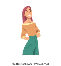 Happy Smiling Young Woman Wearing Casual Clothes Flat Style Vector Illustration