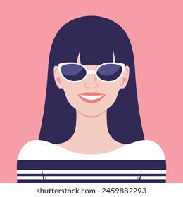 Happy smiling young woman wearing sunglasses.  Portrait or avatar of a girl with long bangs hair in sunglasses. Vector illustration