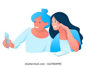 Happy smiling young women friends taking selfie photo vector illustration. Friend girls taking selfie photographing.
