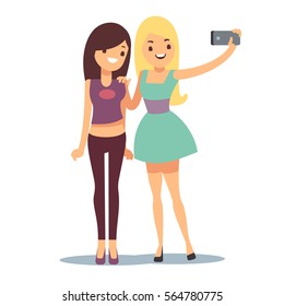 Happy smiling young women friends taking selfie photo vector illustration. Friend girls taking selfie photographing.