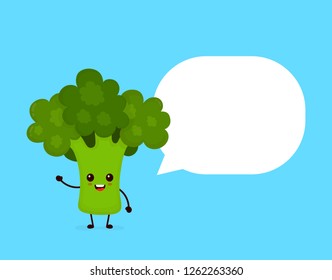 Happy smilling cute broccoli with speech bubble. Vector modern flat style cartoon character illustration icon design.Isolated on white background. Avocado healthy food, nutrition,vegetarian concept