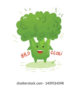 Happy smilling cute broccoli. Vector flat style cartoon character illustration icon design.Isolated on white background. Broccoli healthy food, good nutrition,vegetarian concept.