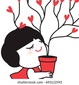 Happy Smling Girl Holding A Heart Tree In Pot Concept Card Character illustration