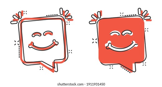 Happy sms icon in comic style. Message speech bubble cartoon vector illustration on white isolated background. Envelope splash effect business concept.