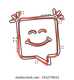 Happy sms icon in comic style. Message speech bubble cartoon vector illustration on white isolated background. Envelope splash effect business concept.