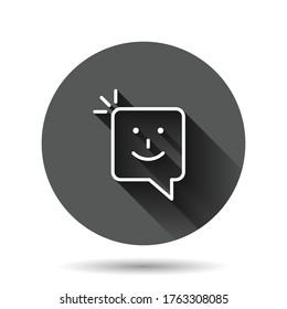 Happy sms icon in flat style. Message speech bubble vector illustration on black round background with long shadow effect. Envelope circle button business concept.