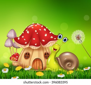 Happy snail with beautiful mushroom house