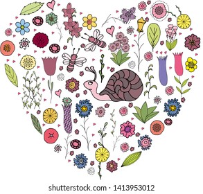 happy snail and bees and flower in heart templet in doodles style