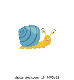 Happy snail with blue shell, isolated cartoon animal smiling