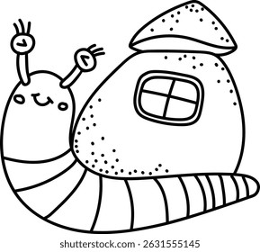 A happy snail carries a tiny house with a window on its back in a hand-drawn style. This cute creature is depicted with antennae and striped shell as a home. Cartoon vector illustration