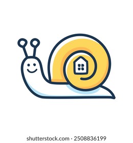Happy snail carrying home illustration. A cheerful snail carries a house on its back, symbolizing the journey of homeownership and finding your space in the world.