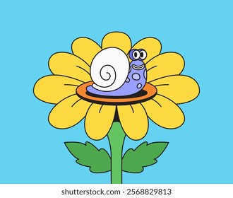 Happy snail cartoon character sitting relaxing on flower in retro hand drawn illustration for children's content or nature-themed graphics