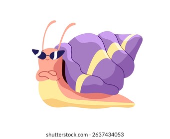 Happy snail character with fashion sunglasses is in crossed hands pose. Cool slug with coiled shell in stylish glasses. Cute snailfish with house on back. Flat isolated vector illustration on white