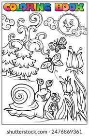 Happy snail crawling in the garden coloring page for kids with sun trees and flowers.