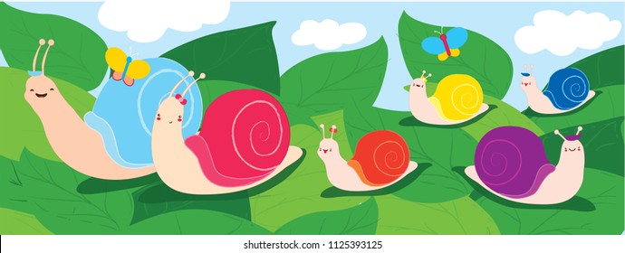 Happy snail family. Parents with four children walking on leaves. Emotions of joy and happiness. Use as illustration for childrens books wallpaper for kids room postcards book covers. Vector hand draw